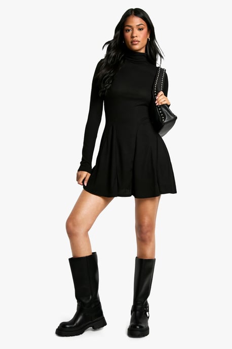 Tall Roll Neck Godet Hem Rib Skater Dress - Image 3