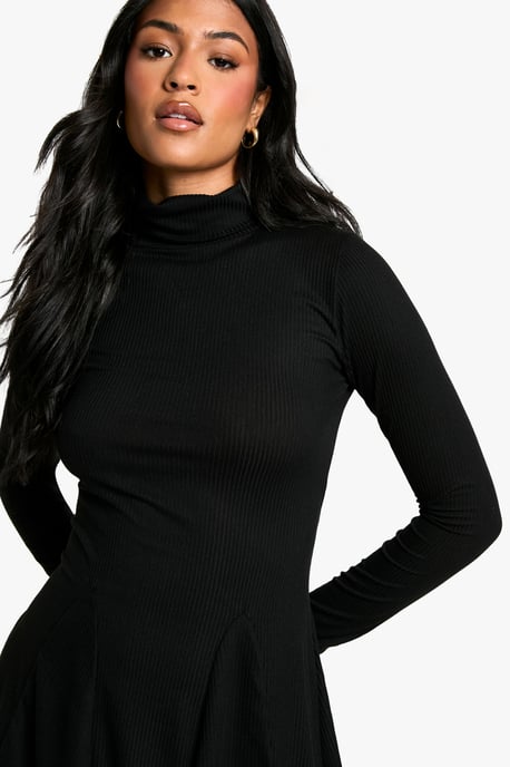 Tall Roll Neck Godet Hem Rib Skater Dress - Image 4