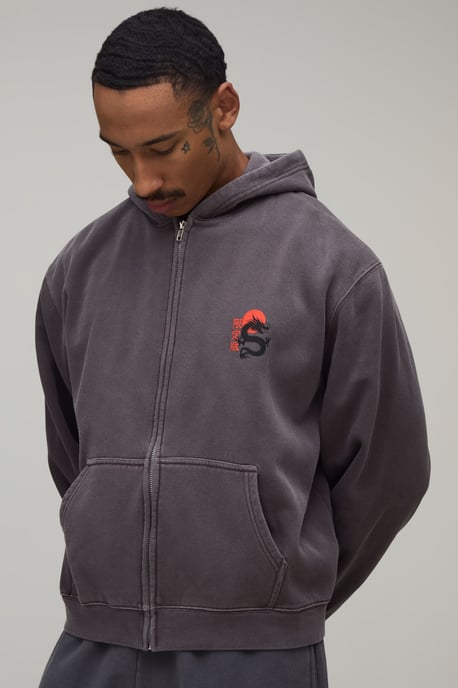Oversized Boxy Dragon Washed Zip Through Hoodie - Image 1