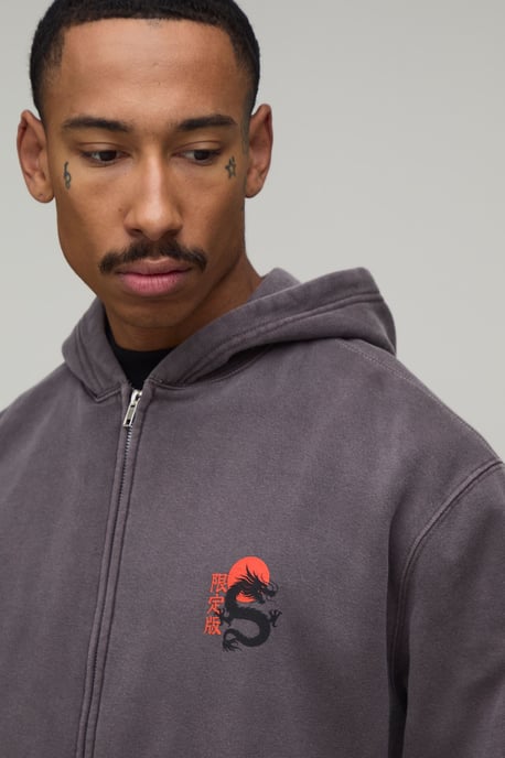 Oversized Boxy Dragon Washed Zip Through Hoodie - Image 3
