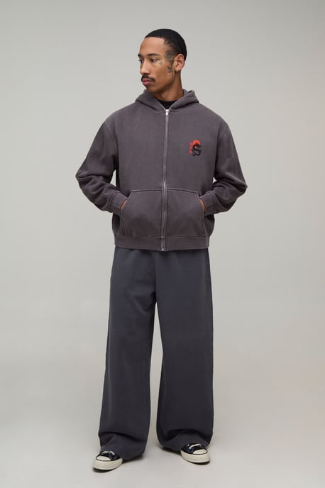 Oversized Boxy Dragon Washed Zip Through Hoodie - Image 4