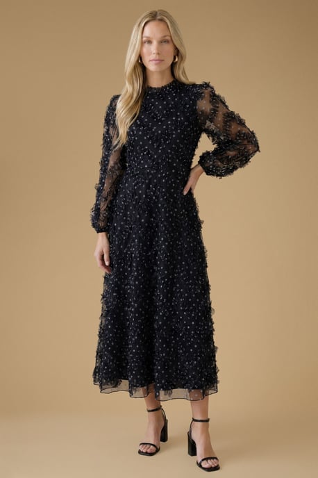 Long Sleeve Printed Mesh Midi Dress - Image 1