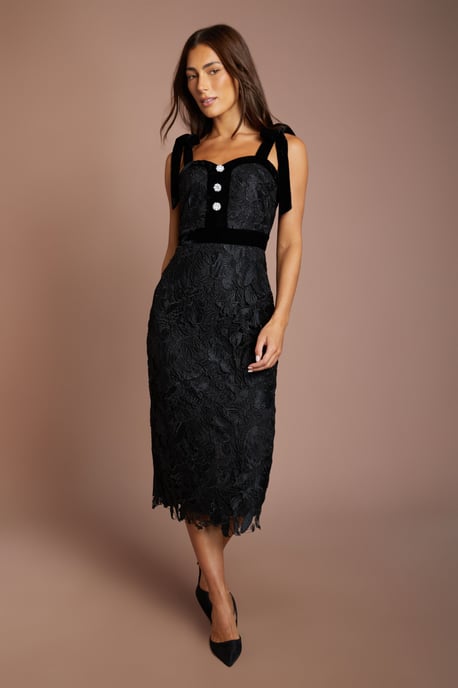 Satin Lace Pencil Midi Dress With Velvet Tie Shoulders - Image 1