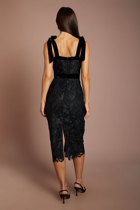 Satin Lace Pencil Midi Dress With Velvet Tie Shoulders - Image 3