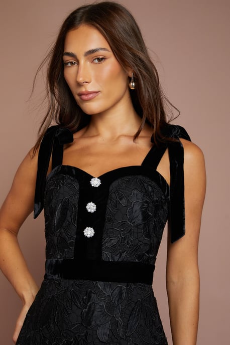 Satin Lace Pencil Midi Dress With Velvet Tie Shoulders - Image 4