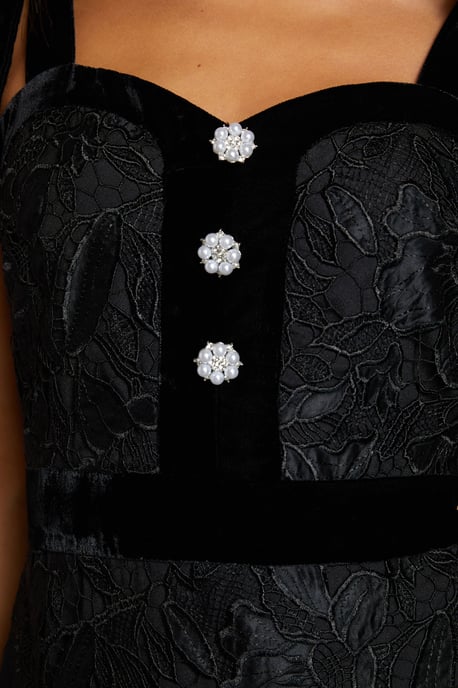 Satin Lace Pencil Midi Dress With Velvet Tie Shoulders - Image 5