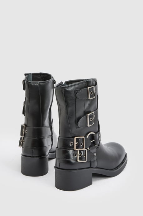 Seline Faux Leather Medium Block Heel Biker Boots - Image 2