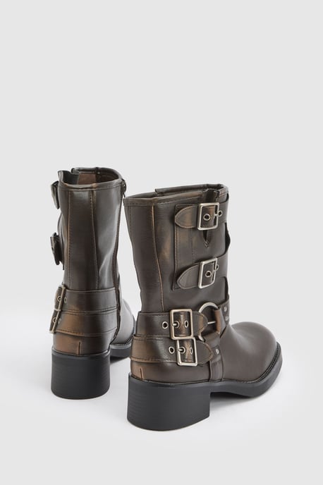 Seline Faux Leather Medium Block Heel Biker Boots - Image 2