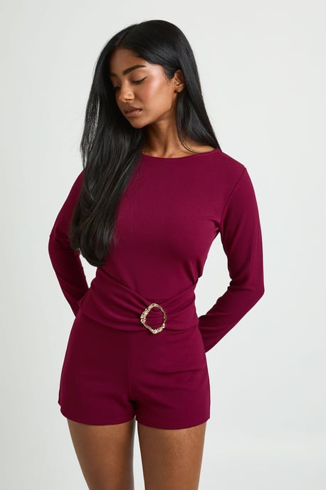 Slash Neck Gold Trim Waist Detail Playsuit - Image 3
