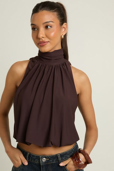 High Neck Sleeveless Bubble Hem Top - Image 1