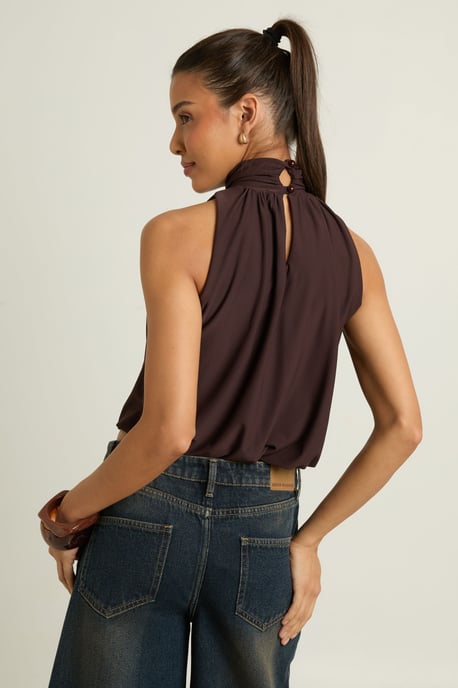 High Neck Sleeveless Bubble Hem Top - Image 2