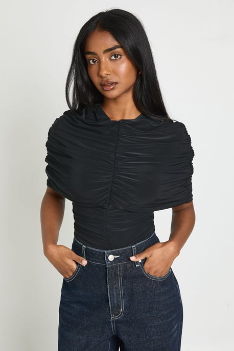 Pleated High Neck Cape Detail Top - Image 1