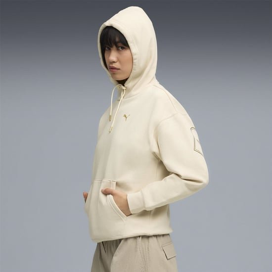 Women's Puma Maximal Metallic Comfort Tech Fleece Overhead Hoodie in Alpine Snow - Image 3