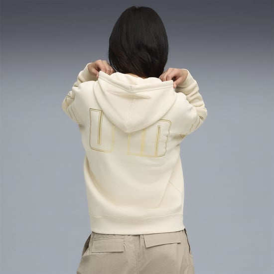 Women's Puma Maximal Metallic Comfort Tech Fleece Overhead Hoodie in Alpine Snow - Image 4