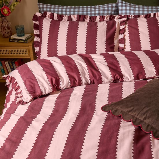 Furn Birdie Stripe Ruffle Duvet Cover Set, Burgundy/Blossom - Image 2