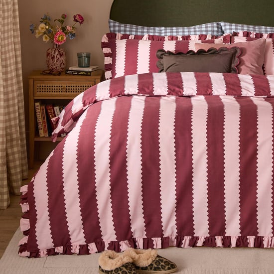 Furn Birdie Stripe Ruffle Duvet Cover Set, Burgundy/Blossom - Image 3