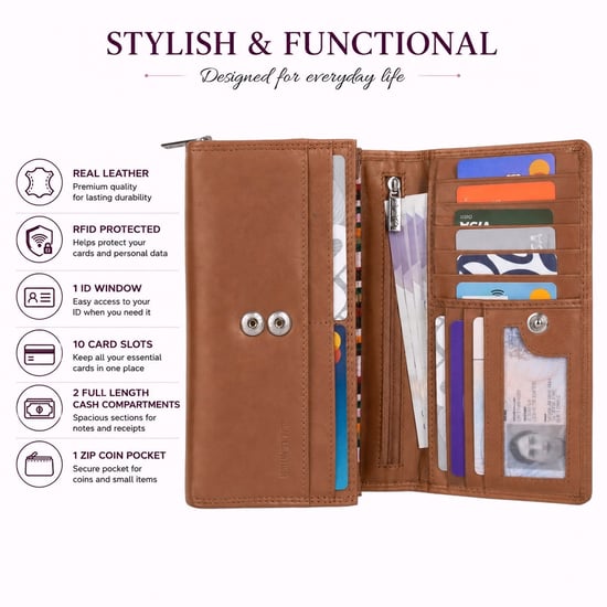 Women’s Large Leather RFID Purse Wallet in Tan - Image 4