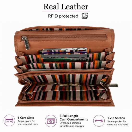 Women’s Large Leather RFID Purse Wallet in Tan - Image 5