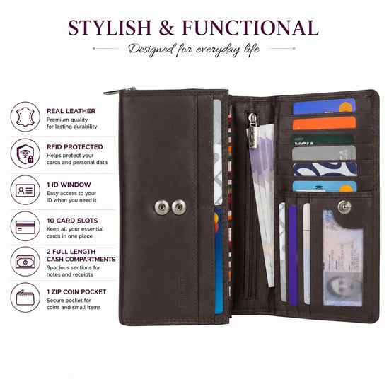 Women’s Large Leather RFID Purse Wallet in Dark Brown - Image 4
