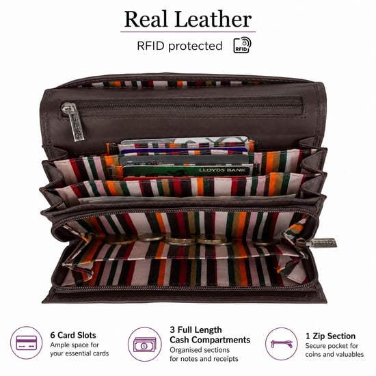 Women’s Large Leather RFID Purse Wallet in Dark Brown - Image 5