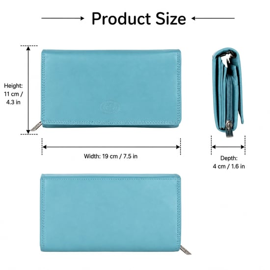 Women’s Large Leather RFID Purse Wallet in Turquoise - Image 3