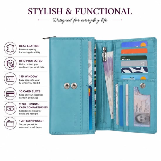Women’s Large Leather RFID Purse Wallet in Turquoise - Image 4
