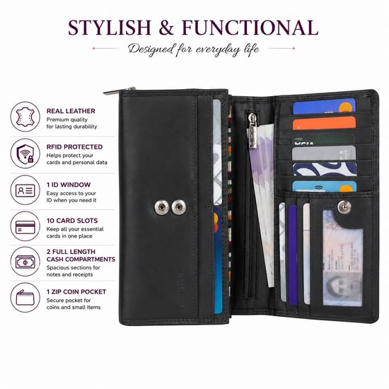 Women’s Large Leather RFID Purse Wallet in Black - Image 4