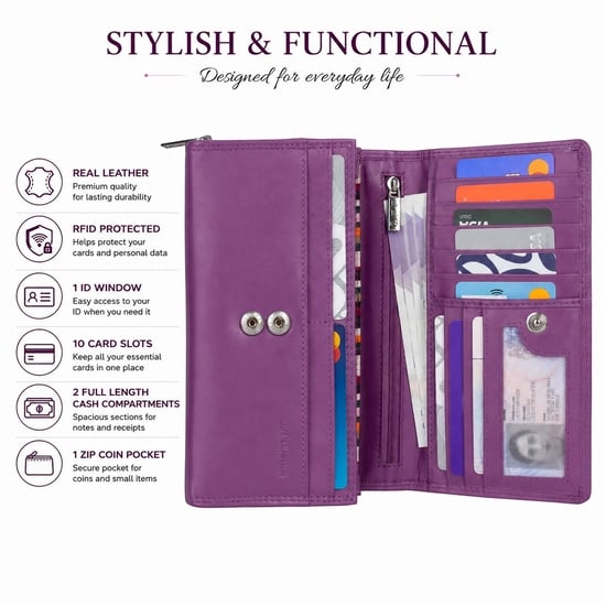 Women’s Large Leather RFID Purse Wallet in Lilac - Image 4