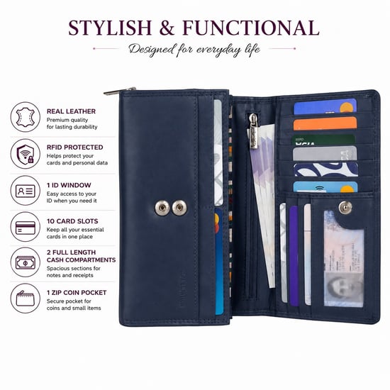 Women’s Large Leather RFID Purse Wallet in Navy - Image 4