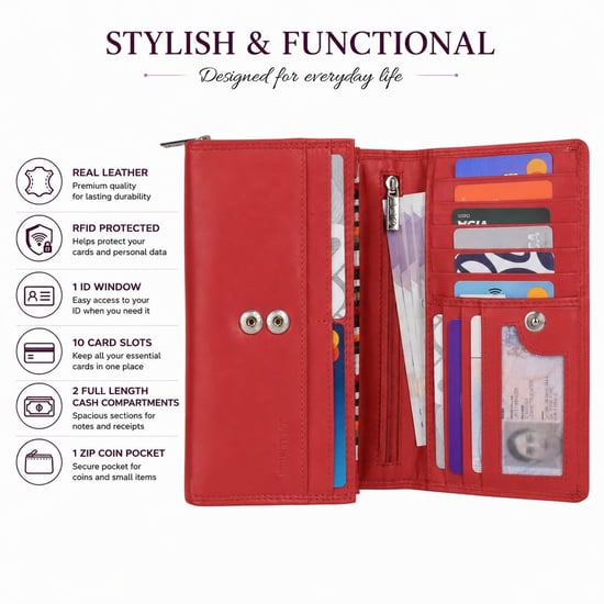 Women’s Large Leather RFID Purse Wallet in Red - Image 4