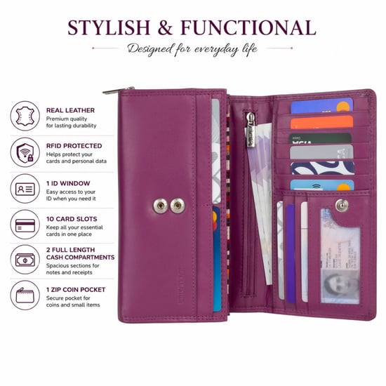 Women’s Large Leather RFID Purse Wallet in Fuchsia - Image 4