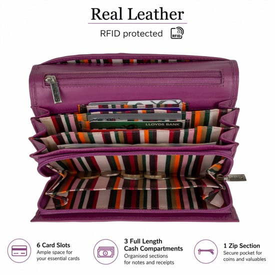Women’s Large Leather RFID Purse Wallet in Fuchsia - Image 5