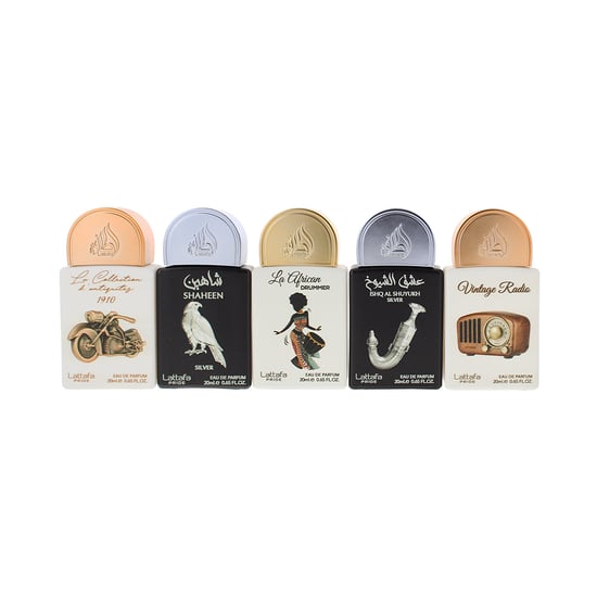 Lattafa Giftset Collection 5 x 20ml (Shaheen Silver, La Collection D'Antiquites 1910, Vintage Radio, Ishq Al Shuyukh Silver, La African Drummer) - Image 2