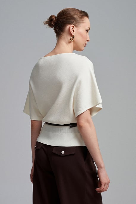 Belted Boat Neck Knit Sweater - Image 2