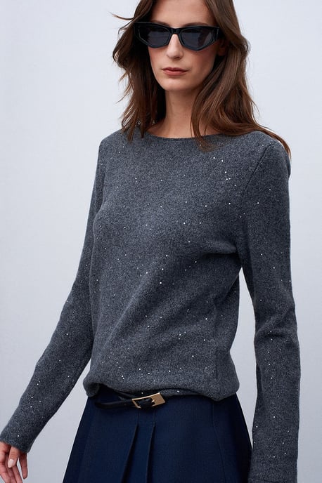 Boat Neck Sequin Knit Sweater - Image 1