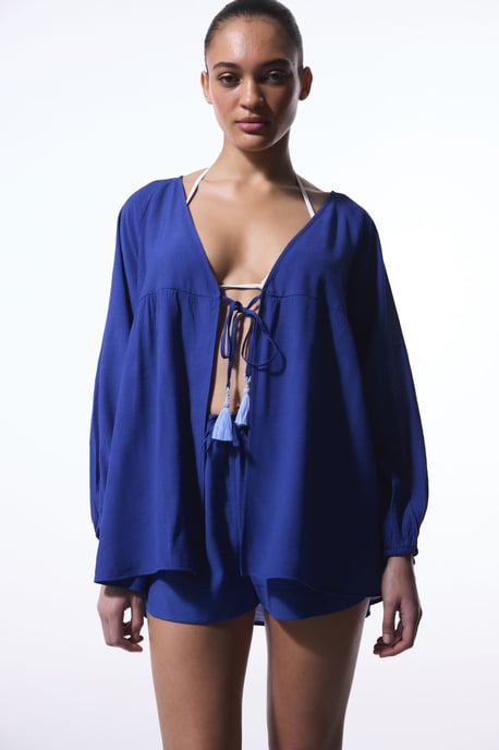 Solid Midi Vävd Kimono Med Fransen Knut - Image 5