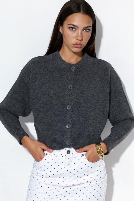 Crop Ribbed Cardigan With Buttons - Image 1