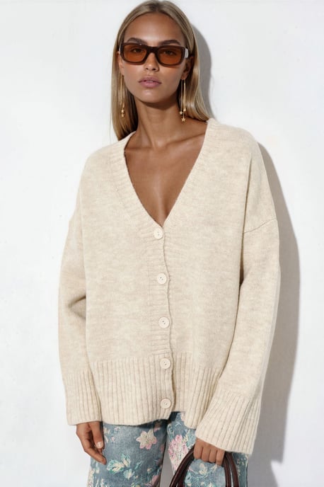 Geribbelde V-hals Knopen Cardigan - Image 1