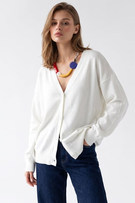 Long Ribbed Knitwear Cardigan with V-neck and Button Closure - Image 1