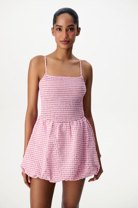 Plaid Mini Dress With Shirred Bodice - Image 1