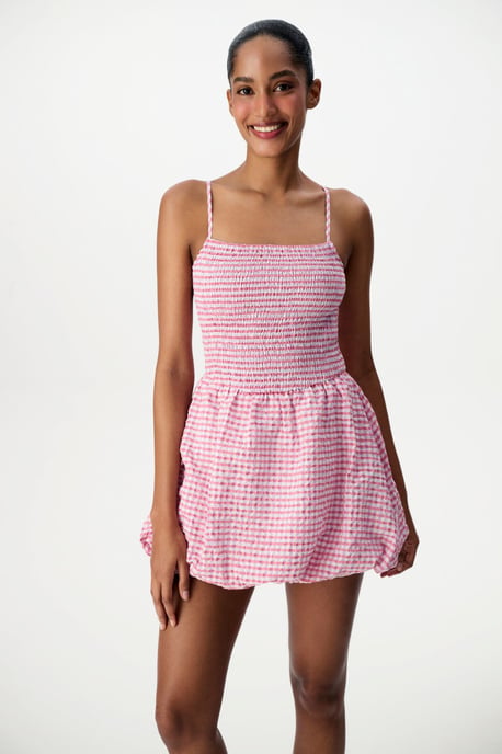 Plaid Mini Dress With Shirred Bodice - Image 4