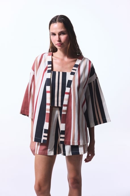 Oversized Cotton Striped Mini Kimono - Image 2