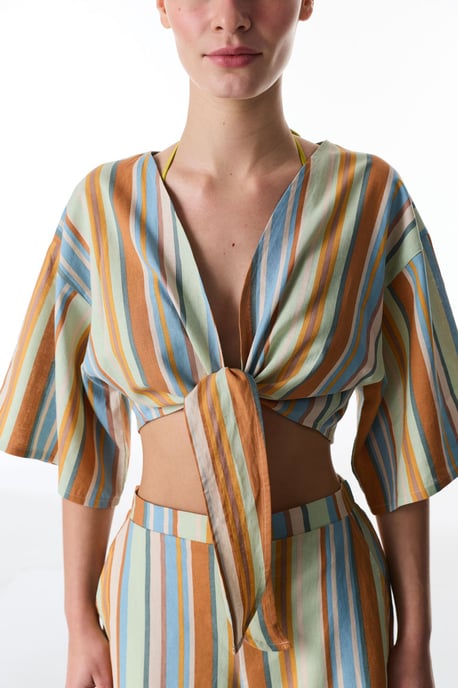 Randig linne-viskos kort blus - Image 4