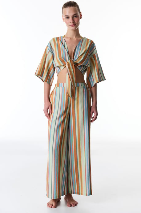 Randig linne-viskos kort blus - Image 6