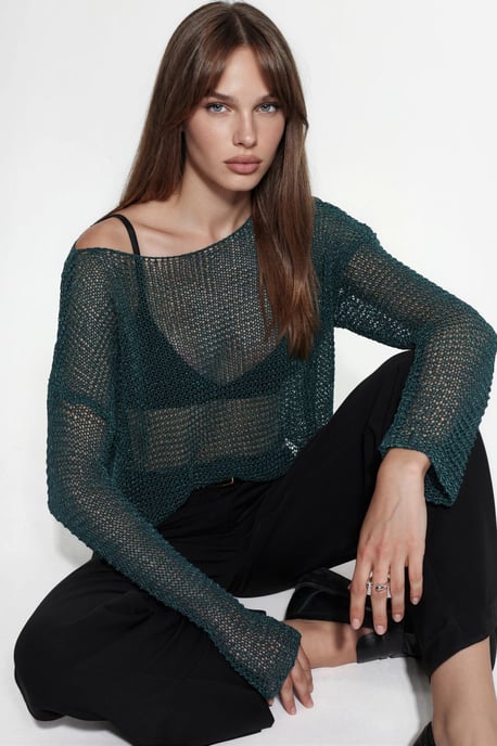 Semi-Sheer Boat Neck Knit Sweater - Image 1
