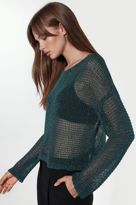 Semi-Sheer Boat Neck Knit Sweater - Image 2