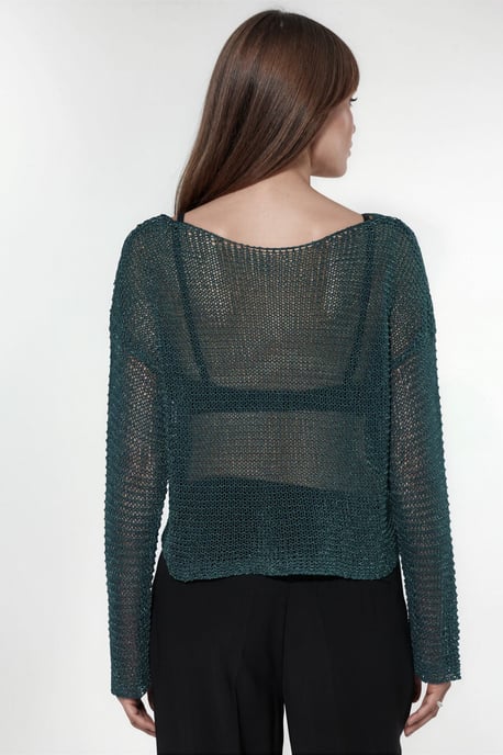 Semi-Sheer Boat Neck Knit Sweater - Image 3