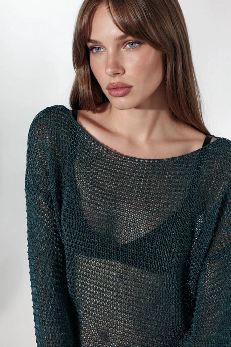 Semi-Sheer Boat Neck Knit Sweater - Image 5