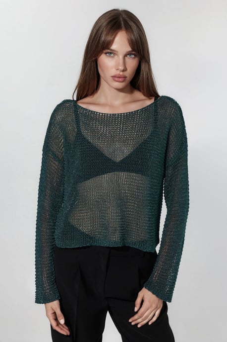 Semi-Sheer Boat Neck Knit Sweater - Image 6