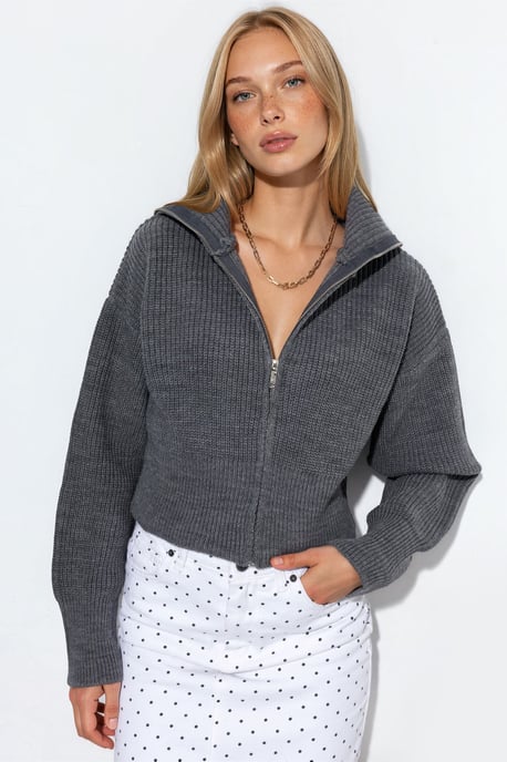 Dames Korte Geribbelde Rits Cardigan - Image 1